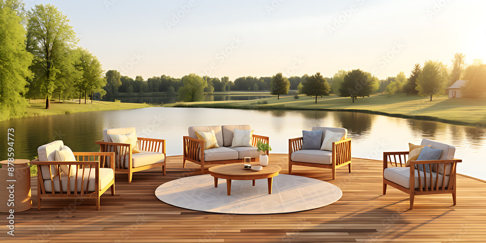 Fototapeta premium Wooden outdoor furniture set by a calm lake. Relaxing patio scene. Stylish patio seating.