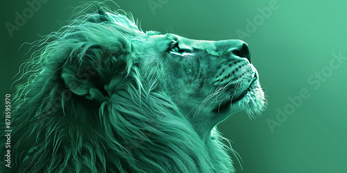 Majestic lion profile teal green background power strength wildlife nature.
