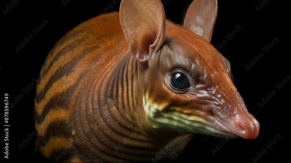 Fototapeta premium A close-up portrait of a brown and black striped animal with large ears and a pink nose, perfect for wildlife and nature documentaries. 