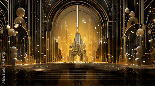 Art Deco style golden and black palace entrance evokes a sense of luxury and grandeur for special events and celebrations. 
