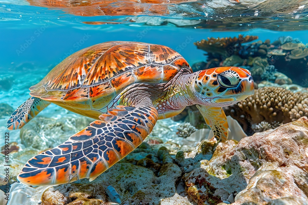 Obraz premium A vibrant sea turtle swims gracefully in the ocean depths