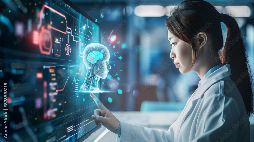 Side view doctor women using computer with AI artificial intelligence in modern medical technology and IOT automation. Side view doctor women using computer with AI artificial intelligence in modern medical technology and IOT automation.