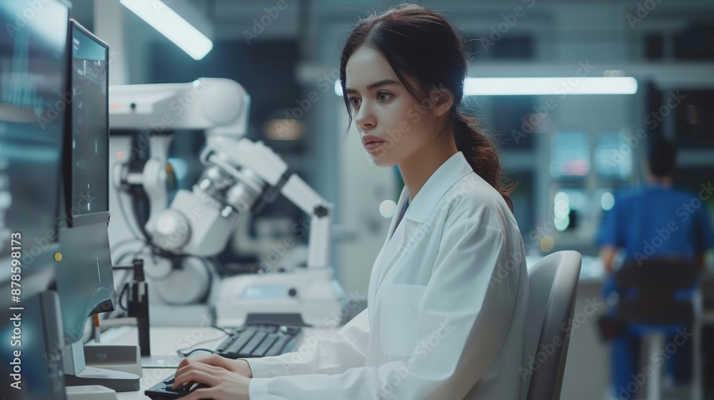 Side view doctor women using computer with AI artificial intelligence in modern medical technology and IOT automation.