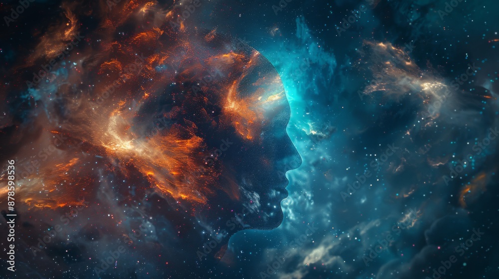 Obraz premium Human mind abstract space science head background. Brain face sky idea universe thought psychology, with copy space