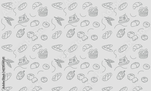 Bakery seamless pattern, food vector background of black white color. Confectionery products thin line icons - cake, croissant, muffin, pastry, cupcake, pie. Cute repeated illustration for sweet shop.