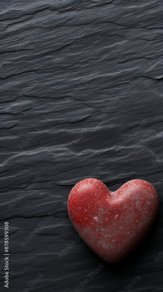Fototapeta premium Red heart on black slate background, minimalist Valentine's Day design, perfect for greeting cards and social media. 