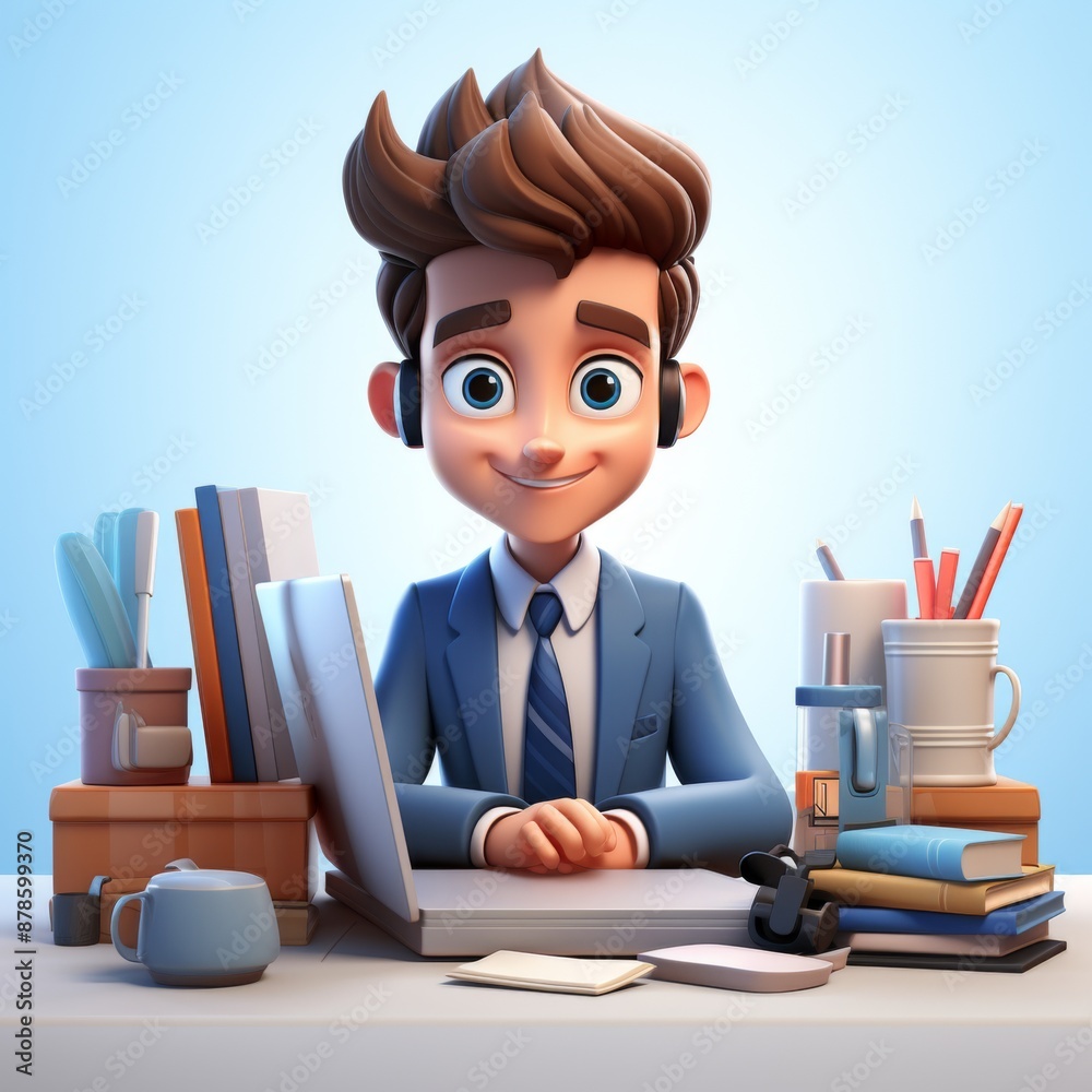 3D Cartoon Character Working on a Laptop at a Desk 3D Cartoon Character Working on a Laptop at a Desk