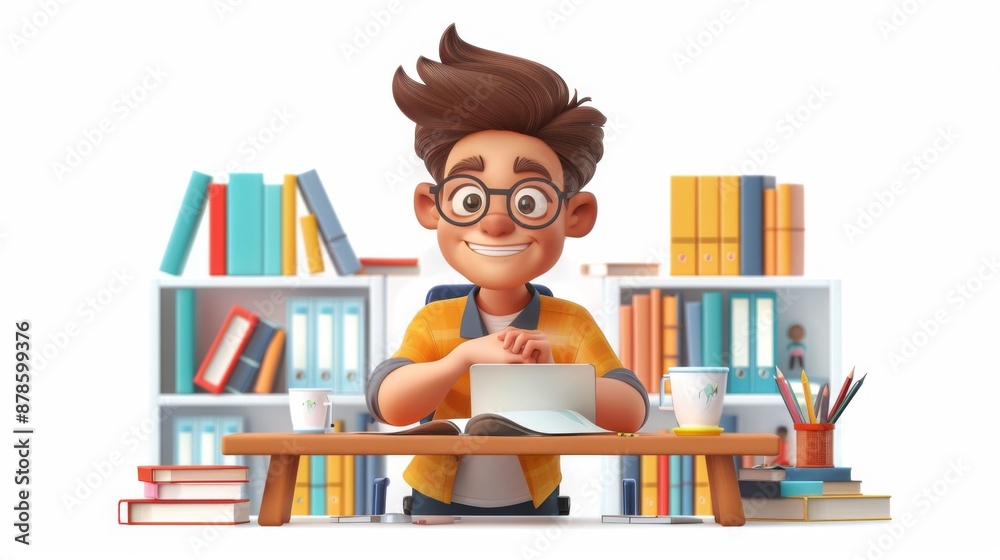 Smiling Boy Student Studying at His Desk Smiling Boy Student Studying at His Desk