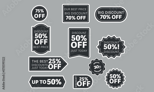 Set of vector grey starburst, sunburst badges. Simple flat style vintage labels, stickers with sale discount text. Sale quality tags and labels. Template banner shopping badges.