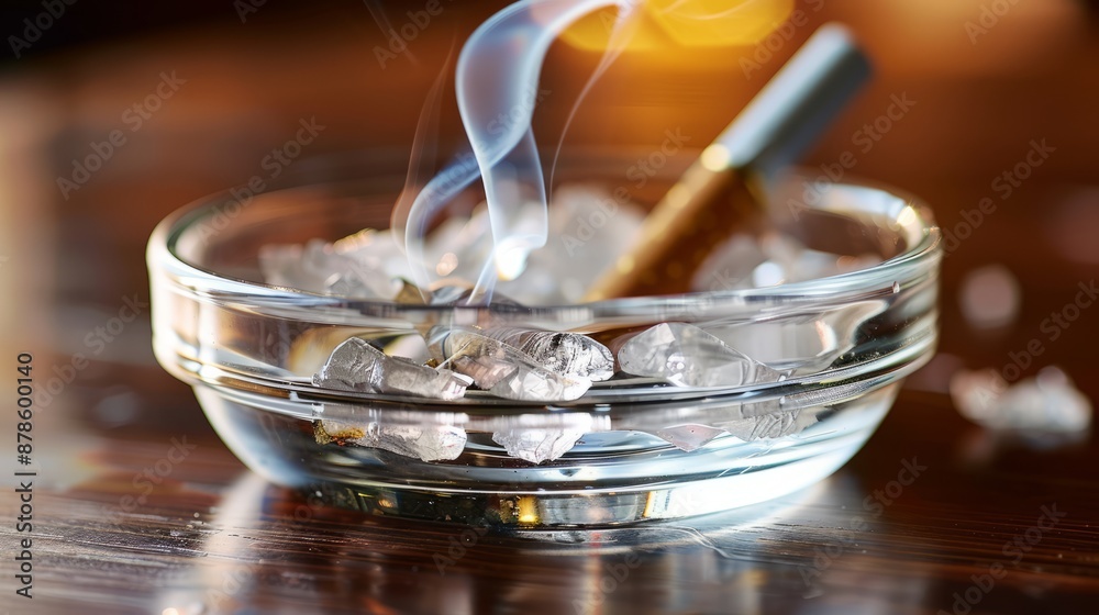 Cigar smoking in glass ashtray on wooden table with ice