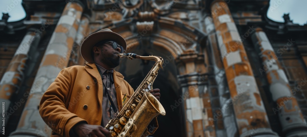 Naklejka premium Saxophonist Performing Next to Historic Building with Ornate Architectural Details for Urban Art Scene