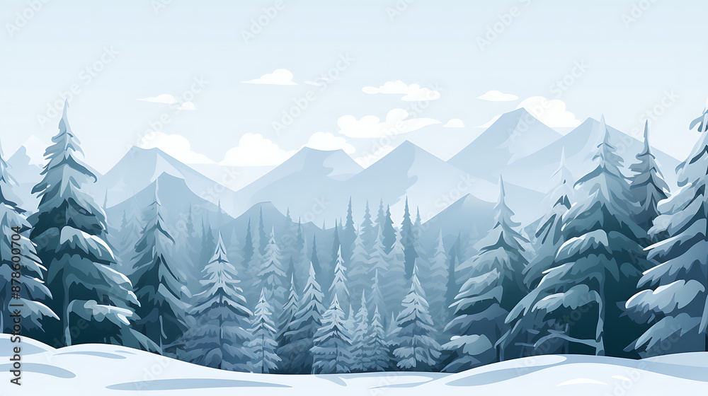 Fototapeta premium Blue snowy pine forest with white mountains in the background, perfect for winter holiday and nature designs. 