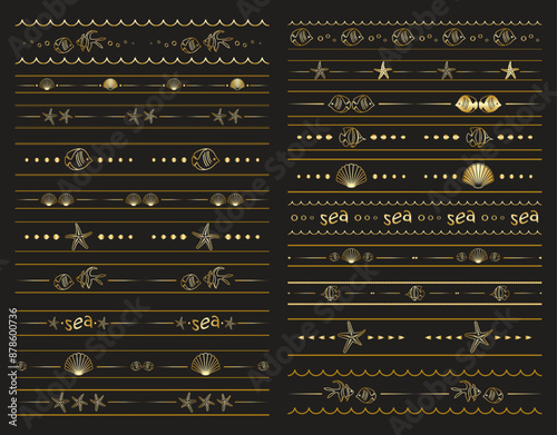 seamless borders with fishes and seashells - vector golden set on black