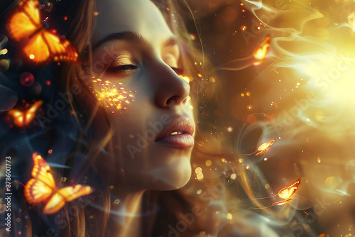 A woman with golden skin and butterflies surrounded by light and smoke, conveying a magical and ethereal feeling. 