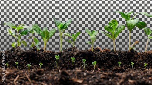 set of Young plants growing in soil humus . Isolated on a transparent background. PNG photo