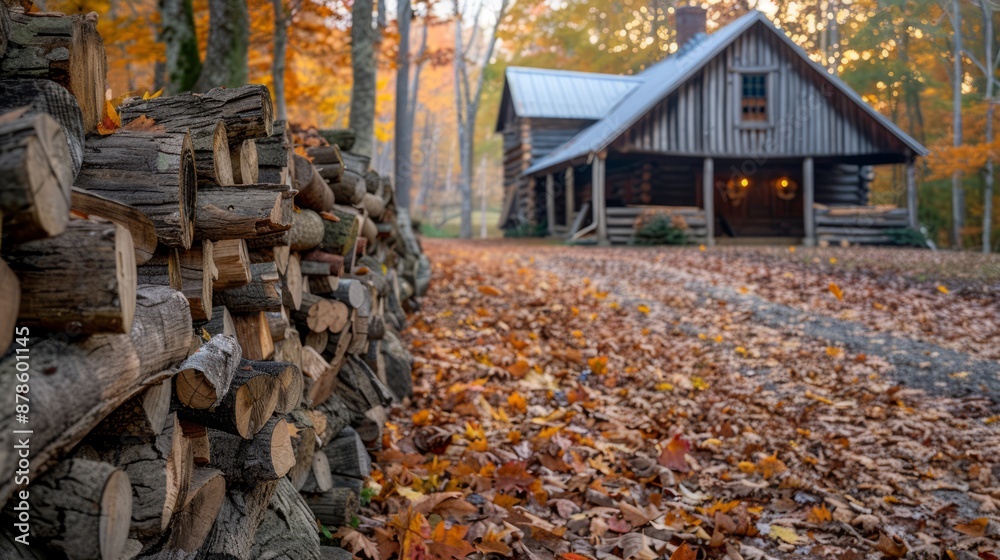 Rustic cabin in autumn forest with firewood stack Rustic cabin in autumn forest with firewood stack