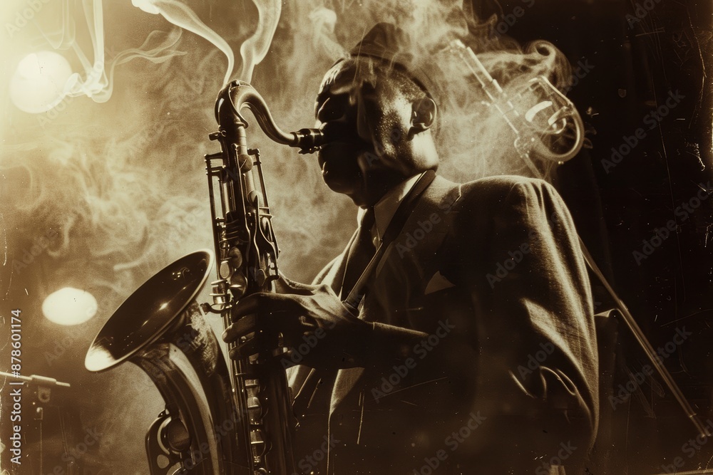 Obraz premium Vintage Jazz Night in a Smoky Club: Saxophonist Playing Under Soft Lights - Sepia Toned Atmosphere