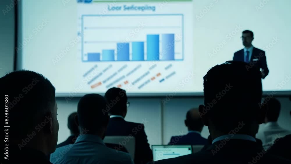 Motivated Businessman Leads Business Meeting. Employee Man Talks to audience about Company Growth. Conference for office workers. Creative Digital Entrepreneurs Summit. Graph on Tv Presentation screen Motivated Businessman Leads Business Meeting. Employee Man Talks to audience about Company Growth. Conference for office workers. Creative Digital Entrepreneurs Summit. Graph on Tv Presentation screen