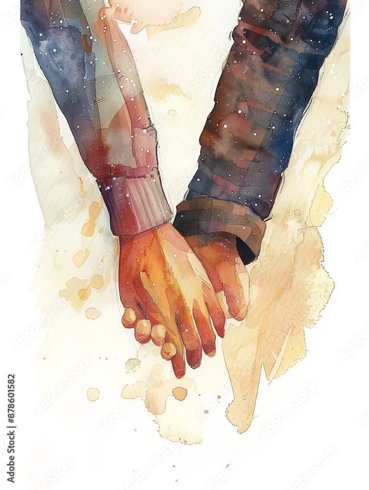 A painting of two hands holding each other with a rainbow background ...