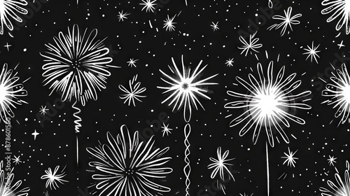 Fireworks are bursting in the night sky. The sparks are white and bright. The background is black. The image is beautiful andRang Ren Gan Dao Jing Qi . photo