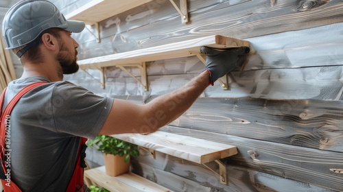 Carpenter installing wooden shelves in a workshop