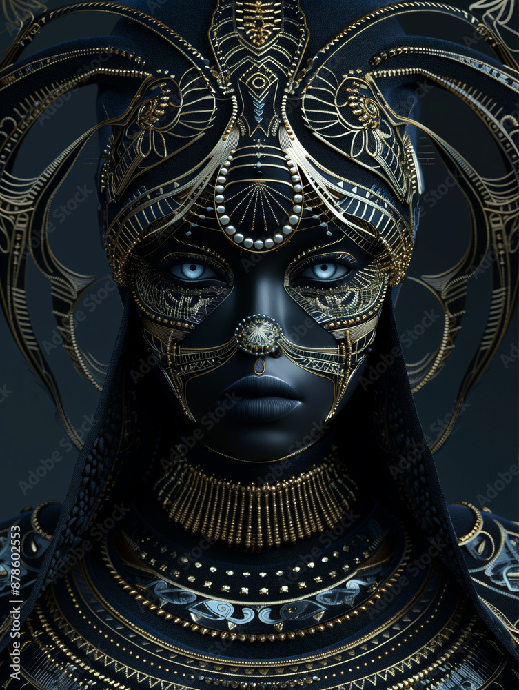 A woman with gold and blue face paint A woman with gold and blue face paint
