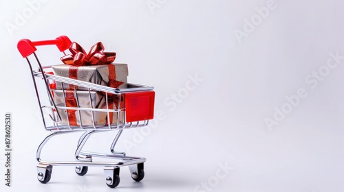 Small empty metal shopping cart with handle and gift box displayed on white background