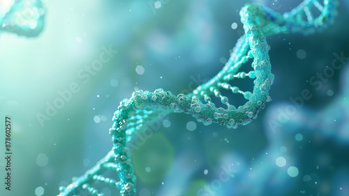 Abstract Depiction of DNA Strands with Light Blue and Green Bubbles
