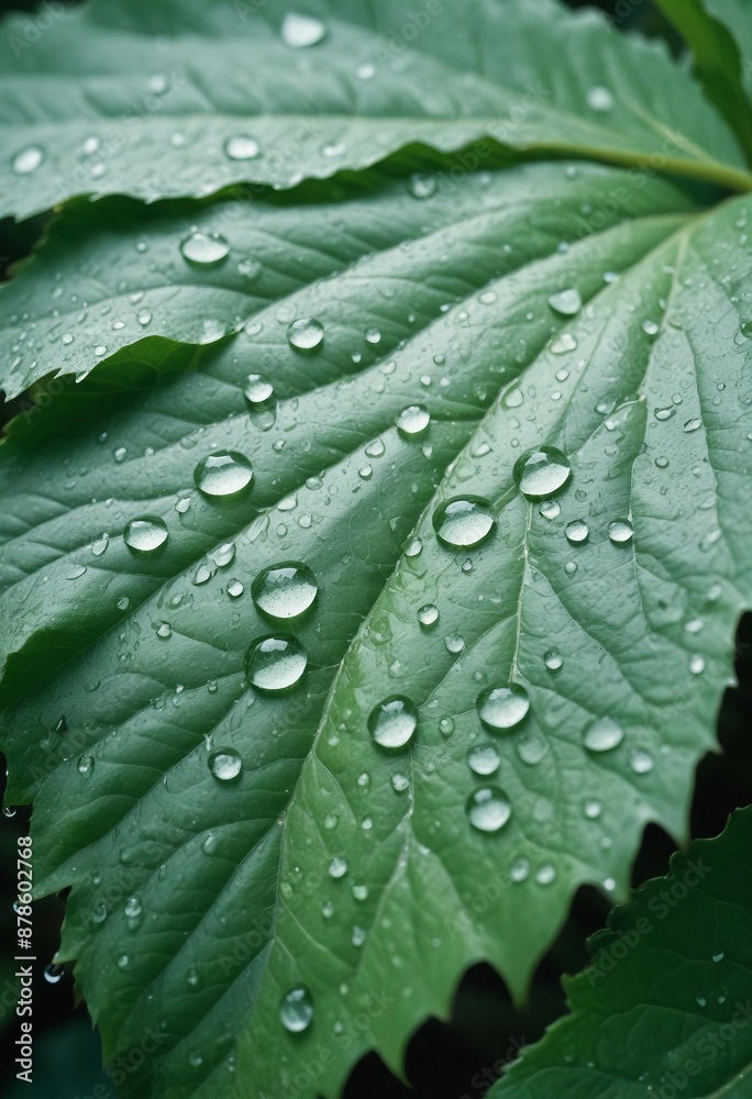 Fototapeta premium close-up of water droplets on a green leaf, ad shot, copy space for text 
