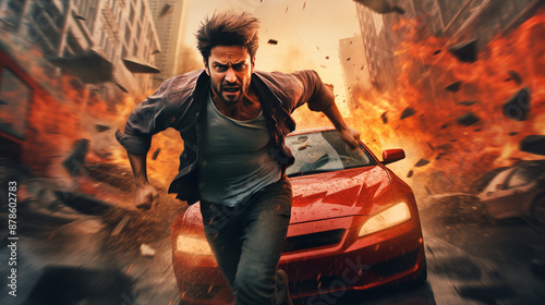 Action shot with man running away from explosion and cars. Dynamic scene in action movie blockbuster style.