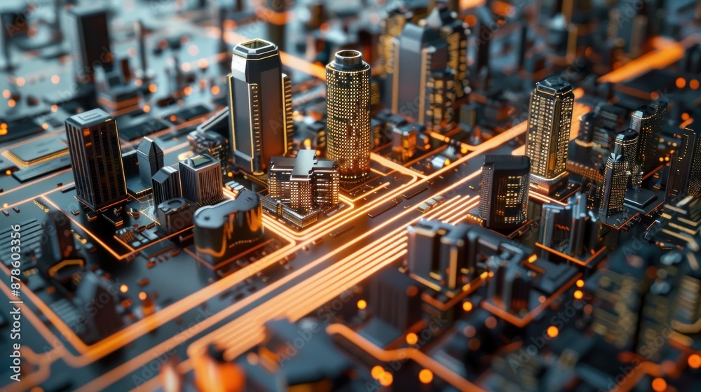 Smart city on circuit board background. Futuristic cyberspace Smart city on circuit board background. Futuristic cyberspace