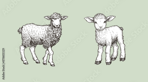 Hand drawn sketch lambs set. Farm animals vintage woodcut engraving style. Vector illustrations collection.