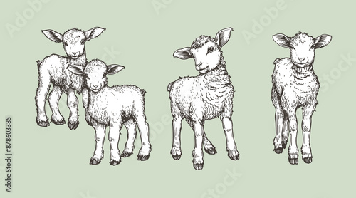 Hand drawn sketch lambs set. Farm animals vintage woodcut engraving style. Vector illustrations collection.