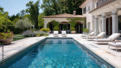Luxurious Mediterranean villa with a pristine pool  surrounded by lush gardens