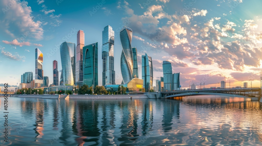 Fototapeta premium Modern cityscape featuring skyscrapers and office buildings, ideal for business and travel themes, capturing the vibrant