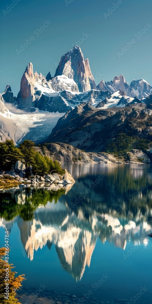 Fototapeta premium Towering Peaks and Serene Reflection: Majestic mountain range mirrored in a pristine lake amidst lush greenery