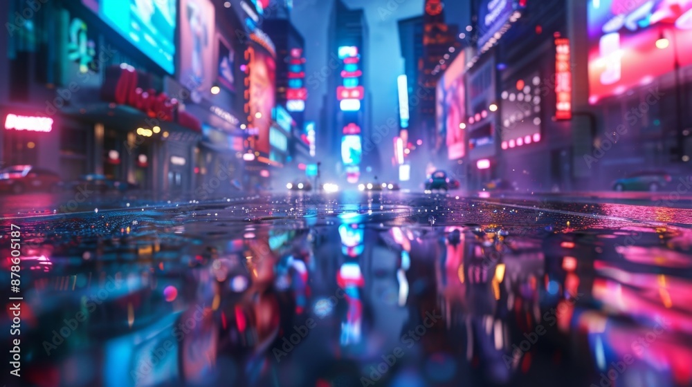 neon mega city with light reflection from puddles on street heading toward buildings. Concept for night life, business distric neon mega city with light reflection from puddles on street heading toward buildings. Concept for night life, business distric