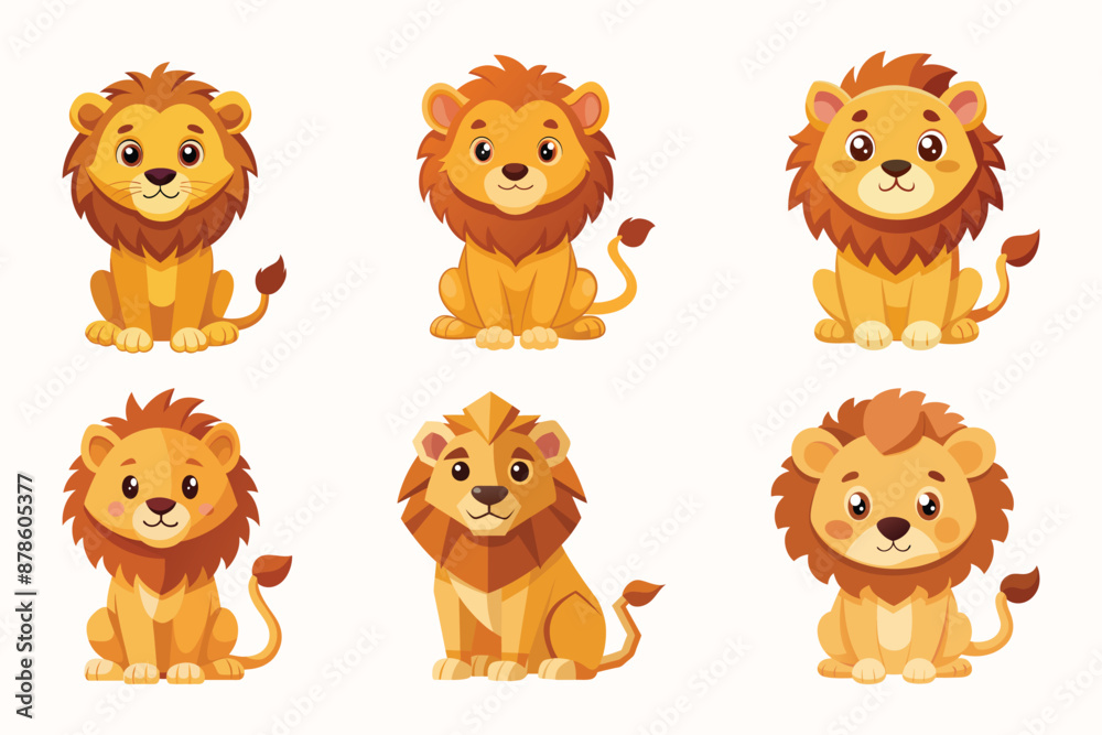 Set of Cute children's lion, sweet expression, vector illustration. Set of Cute children's lion, sweet expression, vector illustration.