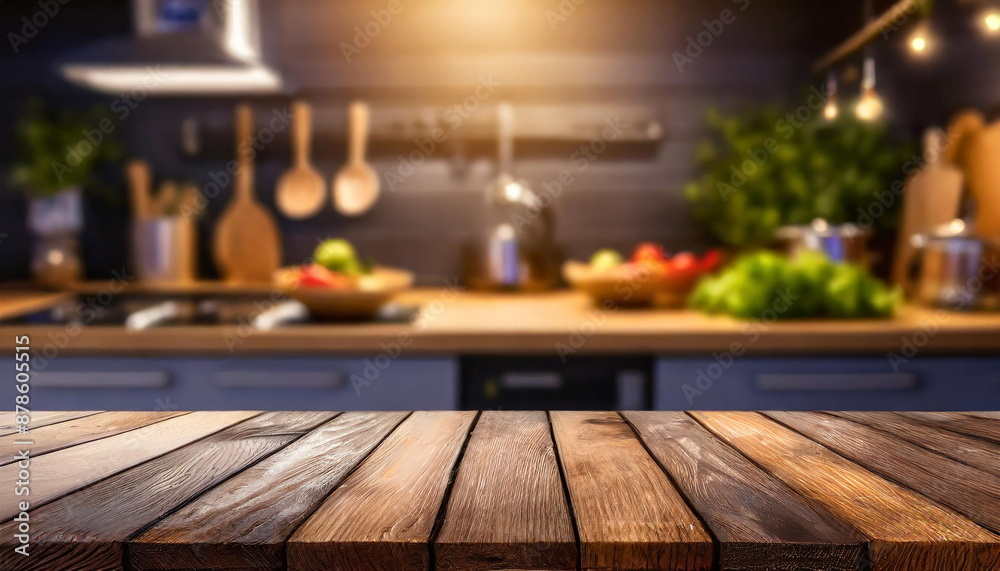 wooden table on blur kitchen background wooden table on blur kitchen background
