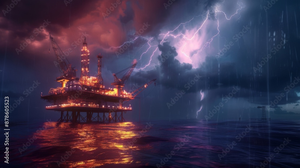 Offshore oil and gas rig platform with dramatic lightning storm at dusk Offshore oil and gas rig platform with dramatic lightning storm at dusk