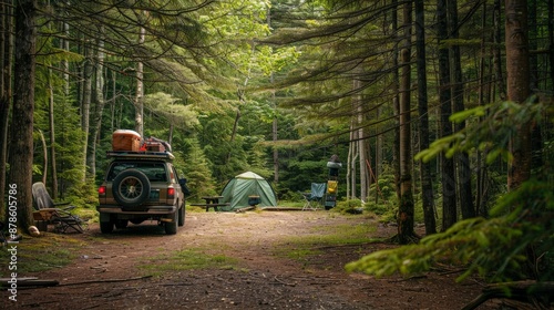 Fototapeta Naklejka Na Ścianę i Meble -  Car with a roof rack full of camping gear parked beside a forested campsite