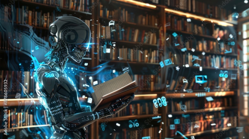 high tech robot reading an open book high tech robot reading an open book