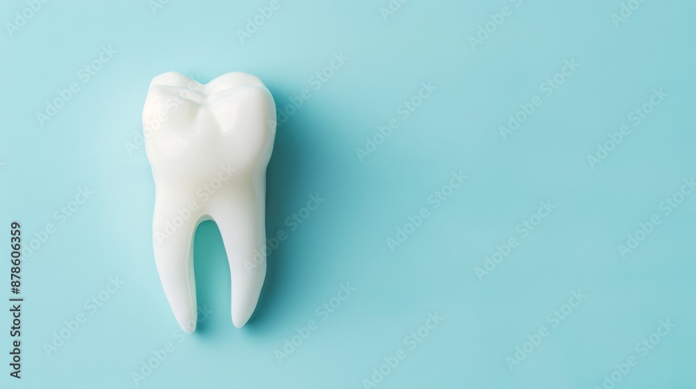 Fototapeta premium Pastel blue postcard with a white fake tooth, concept of dentistry, dental care and international dentist day celebration