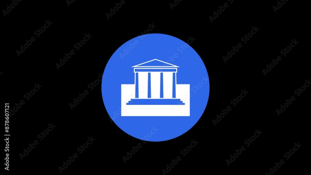 Classical architecture building icon blue color simple shape circle animation black background Classical architecture building icon blue color simple shape circle animation black background