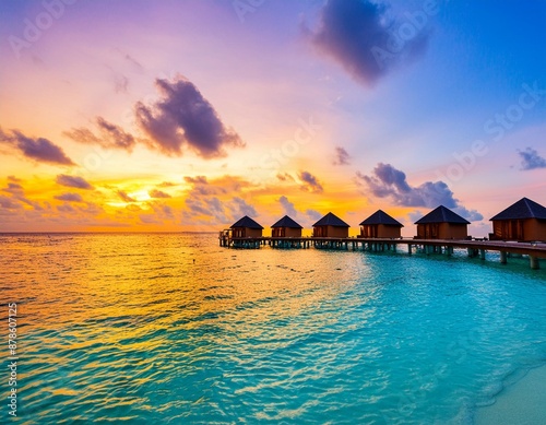 Amazing sunset panorama at Maldives. Luxury resort villas seascape with soft led lights under colorful sky