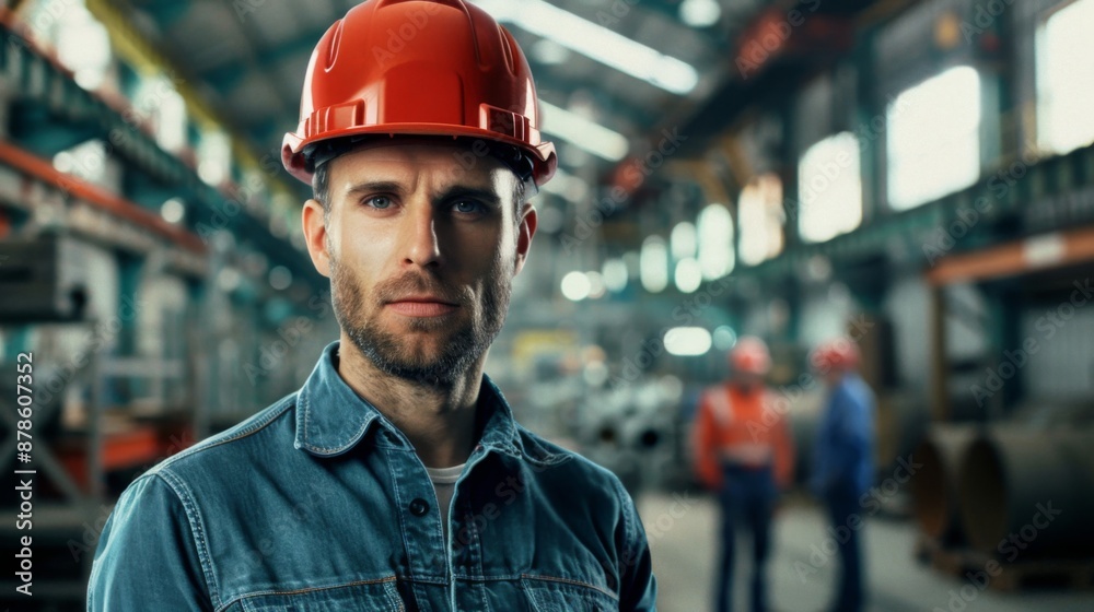 Portrait of a confident worker in a factory wearing hard hat with business people in background Portrait of a confident worker in a factory wearing hard hat with business people in background