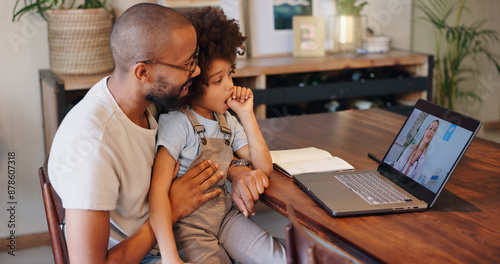 Child, black man and laptop screen with doctor for telehealth service, communication and advice. Home, boy and father with pediatrician on tech for medical support, discussion or virtual consultation photo