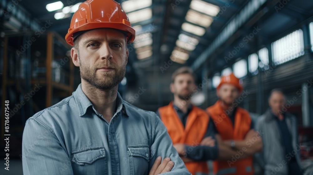 Portrait of a confident worker in a factory wearing hard hat with business people in background Portrait of a confident worker in a factory wearing hard hat with business people in background