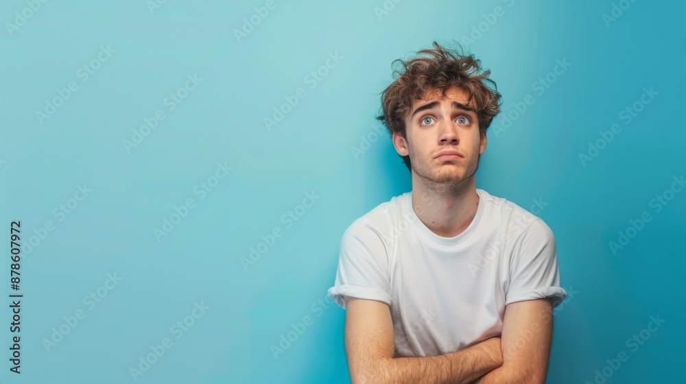 Obraz premium Portrait of an unhappy young man , blue color background, with copy space