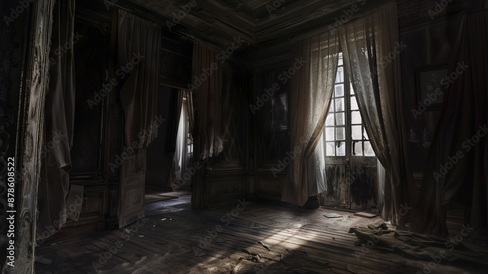 Spooky Dilapidated Mansion Interior with Tattered Curtains and Moody Lighting